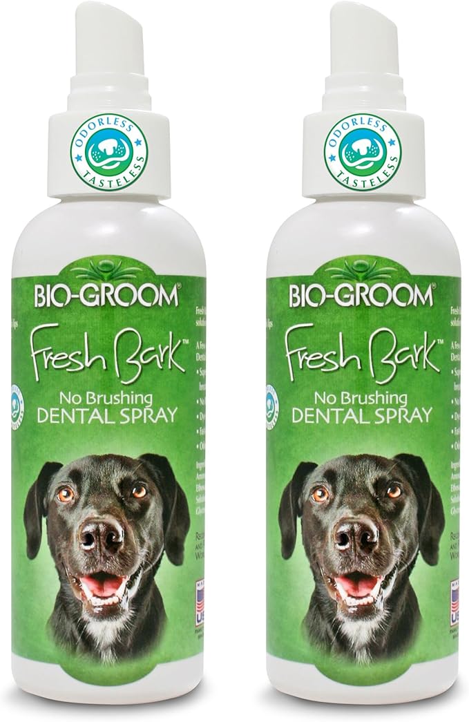 Bio-groom Fresh Bark Dog Breath Freshener - No Chew Dental Spray for Dogs & Cats, Teeth Cleaning Oral Care for Plaque & Tartar, No Brushing Required, Made in The USA - Flavorless, 4 fl oz (Pack of 2)-PawvioPets