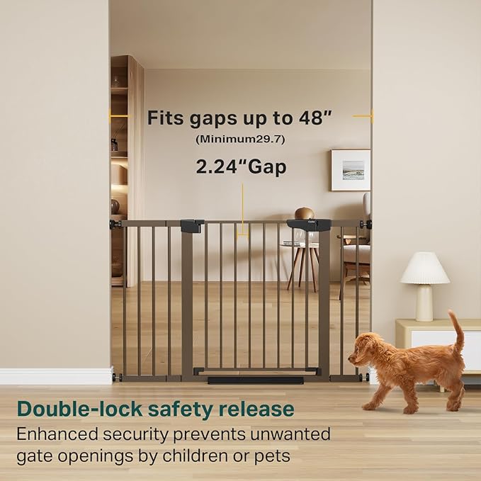 Cumbor 29.7-48" Baby Gate for Stairs, Mom's Choice Awards Winner-Dog Gate for Doorways, Auto Close Safety Pet Gate for Dogs Indoor, Easy Install Pressure Mounted Child Gate with Walk Thru Door, Brown-PawvioPets