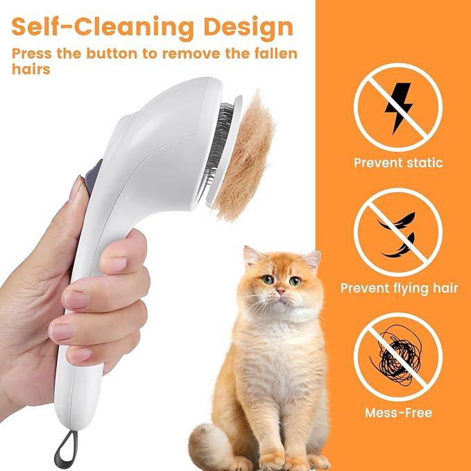 3 In 1 Cat Brush, Anti-Static Dog Brush One-click Self-cleaning Comb for Furry Pet, Rechargeable USB Cat Steam Brush for Shedding, Horse and Dog-PawvioPets
