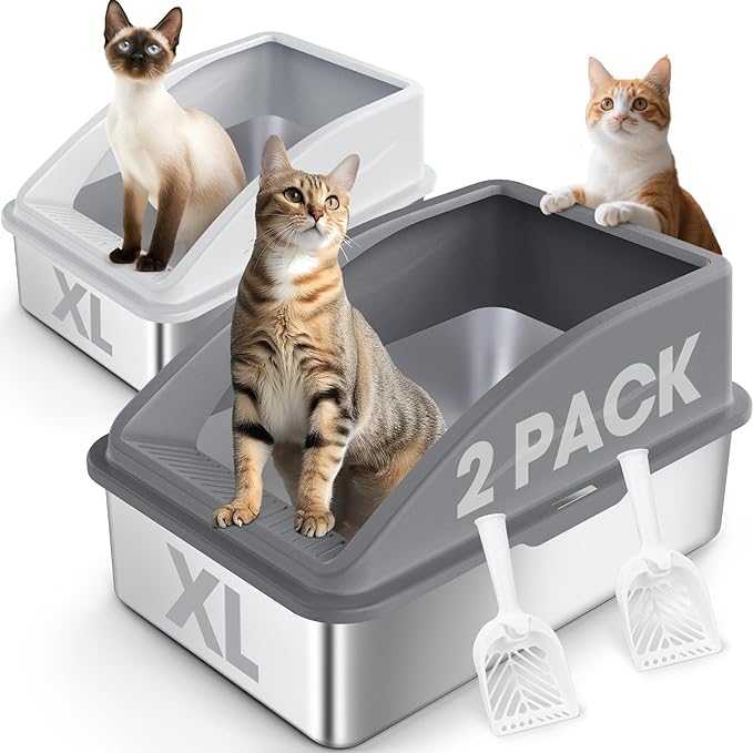2 Pack Stainless Steel Litter Box | XL Enclosed Cat Litter Boxes with Lid for Big Cats and Multi-Cats | High Sided, Anti-Urine Leakage | Non-Stick Bottom（Multi-Colored）-PawvioPets