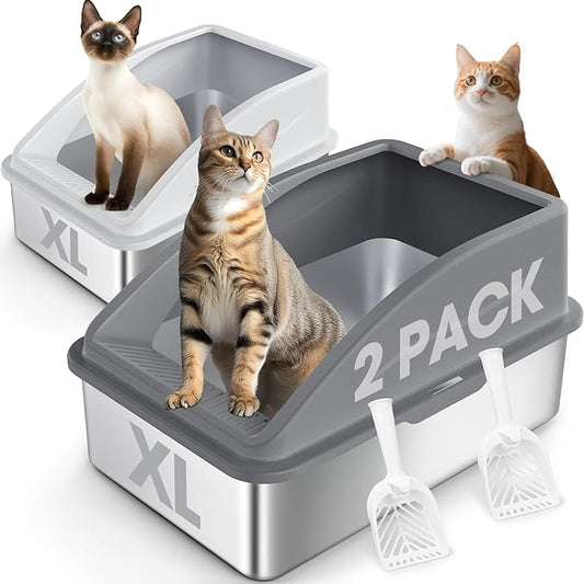 2 Pack Stainless Steel Litter Box | XL Enclosed Cat Litter Boxes with Lid for Big Cats and Multi-Cats | High Sided, Anti-Urine Leakage | Non-Stick Bottom（Multi-Colored）-PawvioPets