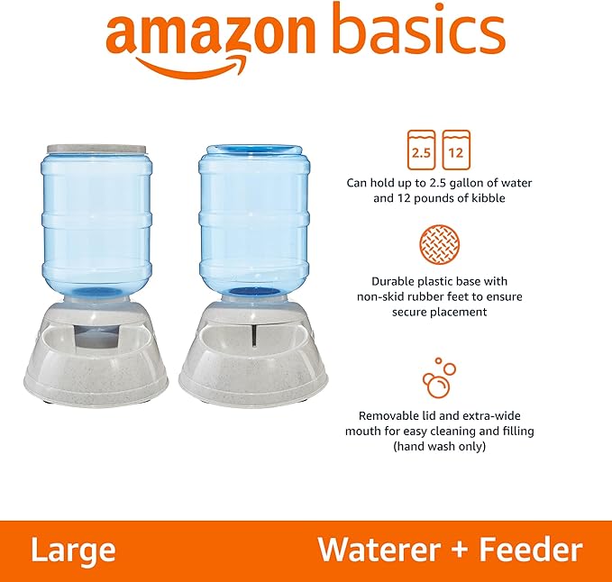 Amazon Basics Automatic Dog Cat Water Dispenser Gravity Feeder and Waterer Set, Large, 12-Pound Food Capacity, 2.5-Gallon, Gray-PawvioPets