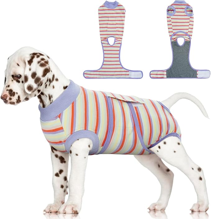 FUAMEY Recovery Suit for Dogs After Surgery,Soft Breathable Dog Bodysuit E-Collar & Cone Alternative Surgical Suit,Male Female Dog Neuter Spay Suits Anti Licking Wounds Onesie Purple Stripes XS-PawvioPets