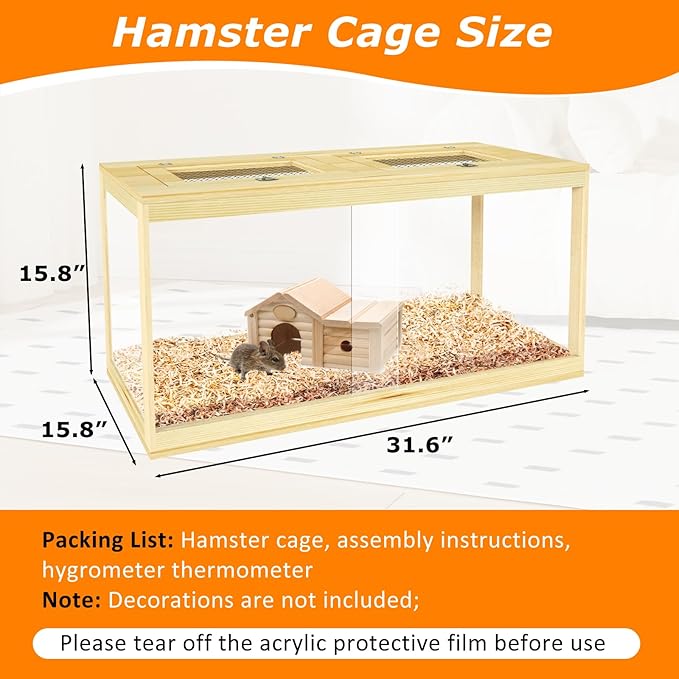 32" Hamster Habitat Enclosure, Lockable Sliding Door Gerbil Cage, Dwarf Hamster Cage with Metal Mesh Roof, Chewproof Syrian Hamster Cage for Mice, Small Animal, (Wooden, 32" L x 16" W x 16" H)-PawvioPets