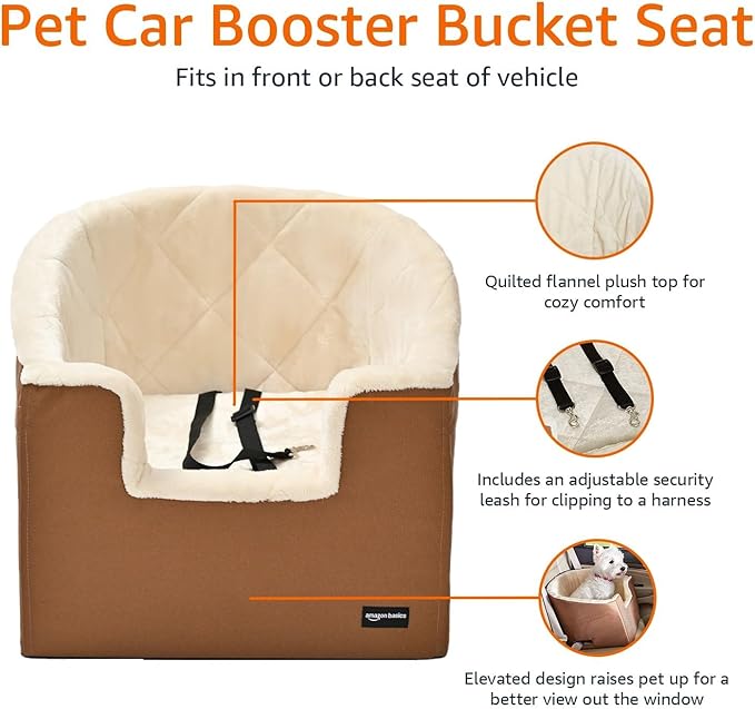 Amazon Basics Pet Car Booster Bucket Seat for Small Pets up to 25lbs, Machine Washable Cover, Clip-On Safety Leash, 18" x 18" x 16", Tan-PawvioPets