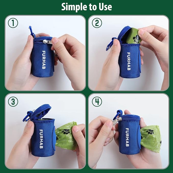 Dog Poop Bag Holder for Leash Doggie Waste Bag Dispenser Soft Fabric Puppy Potty Carrier Small Doggy Zipper Pouch with Carabiner Clip 1680D Nylon Oxford with 1 Roll of Pet Trash Bag, Royal Blue-PawvioPets