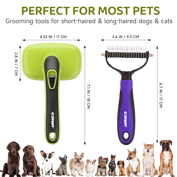 Dog Brush Kit – 3 PCS Grooming Set with Self-Cleaning Brush, Undercoat Rake & Pet Bath Brush. Great for Shedding, Tangles & Dirt Removal – Ideal for Long & Short Haired Dogs & Cats, Green-PawvioPets