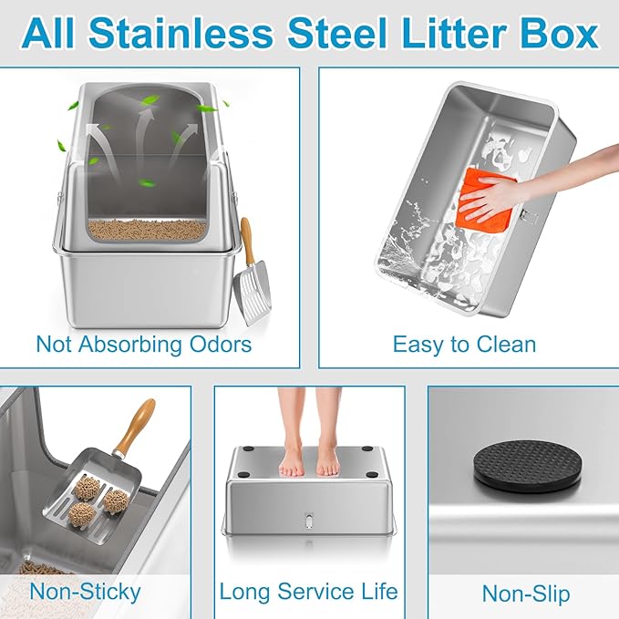 16'' High Sides XXXL All Stainless Steel Cat Litter Box with Lid,8'' Deep Metal Litter Box for Big Cats,Extra Large Litter Boxes with High Wall Enclosure,Anti-Leakage,Never Absorbs Odors,Non-Sticky-PawvioPets