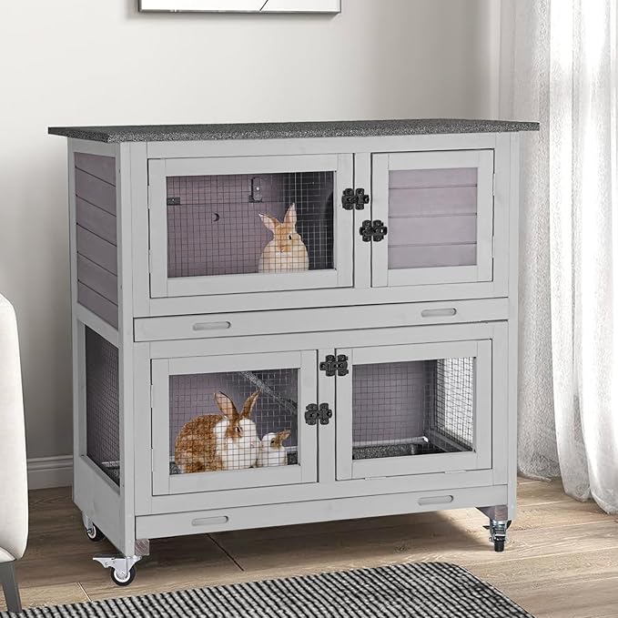 2 Story Rabbit Hutch Indoor Outdoor Rabbit Bunny House Guinea Pig Cage Wooden Pet House for Small Animals with 2 Large Rooms, Chewproof Ramp, Ventilation Door, Removable Trays (Grey)-PawvioPets