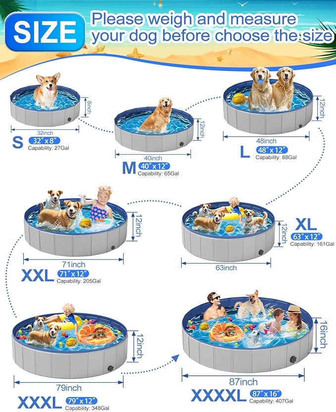 Dog Pool for Large Dogs, Foldable Plastic Pool for Dogs Slip-Resistant (XL - 63'' x 12'')-PawvioPets