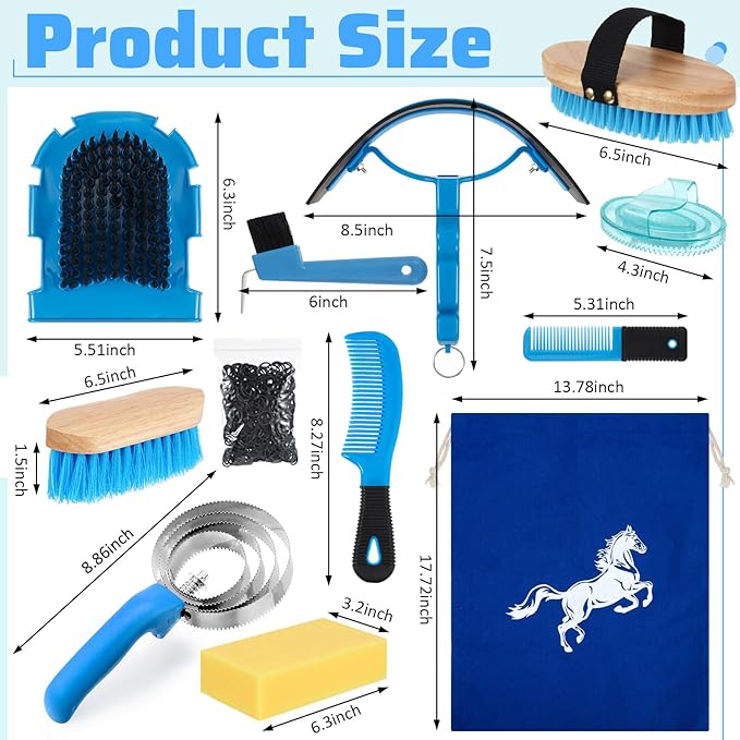 Abbylike 12 Pieces Horse Grooming Kit Racing Festival Tack Room Supplies Horse Brush Sets Equine Care Cleaning Kit Shedding Grooming Massaging Tools(Blue)-PawvioPets