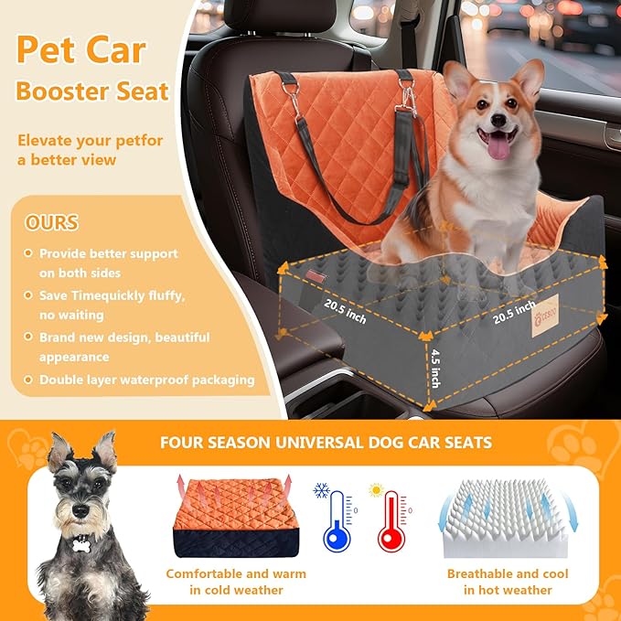 Dog Car Seat for Small/Medium Dogs Under 40lbs, Dog Booster Car Seats Memory Foam and Velvet, Detachable and Washable Pet Booster Carseats with Clip-On Satebelt and Storage Bag.(Black/Brown)-PawvioPets