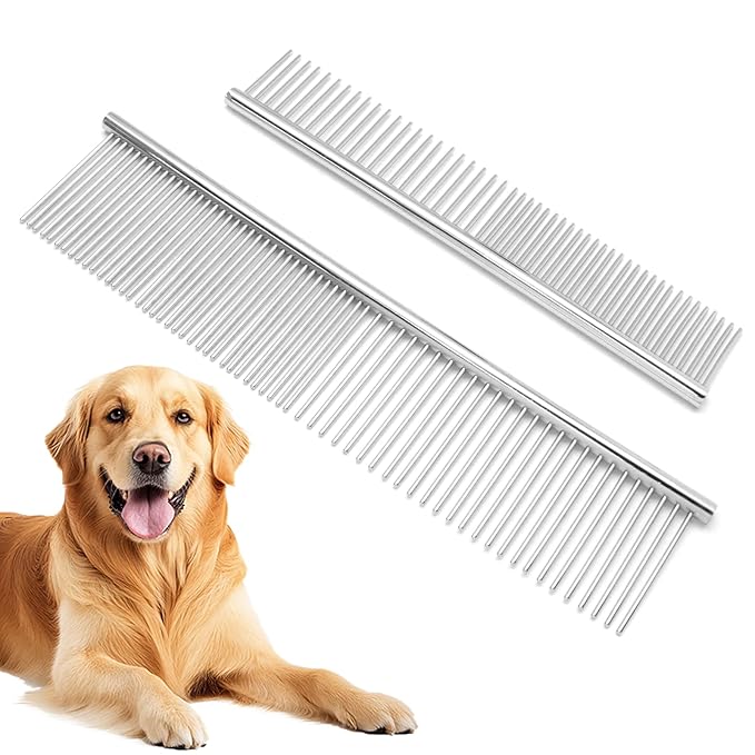 Biaungdo 2 Pcs Dog Grooming Combs Set, Metal Dog Comb for Removing Tangles and Knot, Cat Brush Grooming Tool for Long Haired Pets-PawvioPets