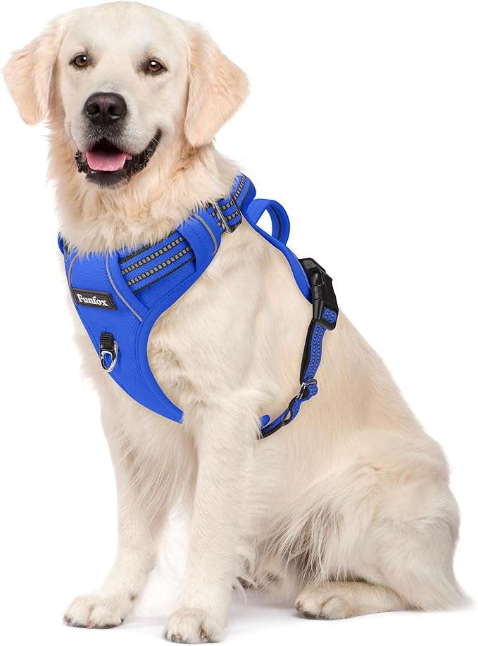 Funfox Dog Harness No Pull, Adjustable Pet Vest Harness, Super Soft Material with Vertical Handle Easy Control, Reflective Night Walking, 2 Leash Clips for Large Dogs, Blue, L-PawvioPets