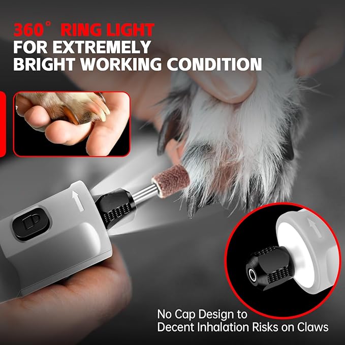 Dog Nail Grinder - Rechargeable Pet Nail Grinder, Electric Upgraded 5 Speed w LED Lights Cordless Dog Nail Trimmer Kit, 40 Accessories Pet Dog Claw Care Kit for Dogs Cats and Small Medium Animals Grey-PawvioPets
