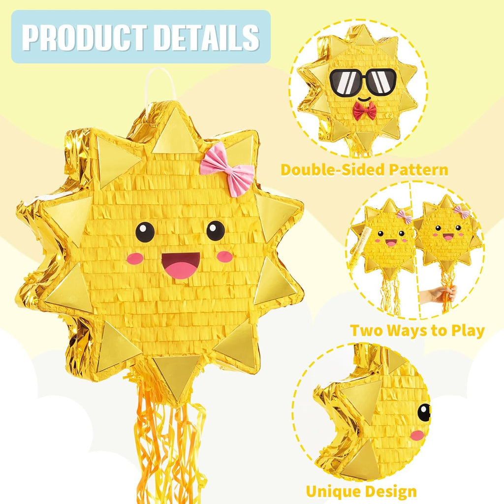 WERNNSAI Sun Pinata-Sunshine Party Decorations pull string Sun Pinata with Blindfold and Bat for Girls Kids Sun Brithday Baby Shower Summer Party Game Supplies