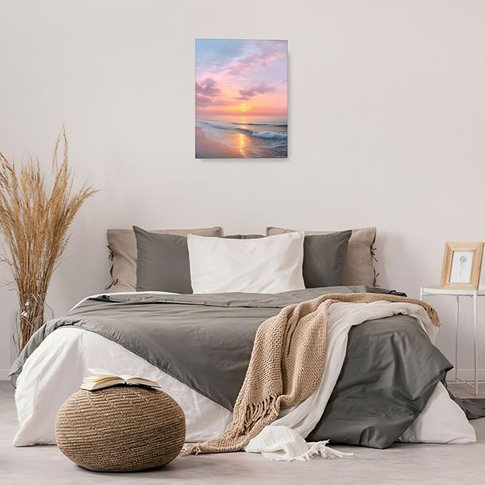 Beach Sunset Wall Art Ocean Coastal Scenery Wall Decor Seascape Picture Canvas Landscape Painting Print Framed Artwork Decorations for Living Room Office Bedroom Kitchen 16"x20"-PawvioPets