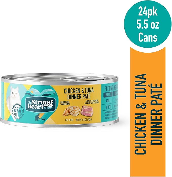 A Strong Heart Canned Wet Cat Food, Chicken & Tuna Dinner Paté - 5.5 oz Cans (Pack of 24), Made in The USA with Real Chicken & Tuna-PawvioPets