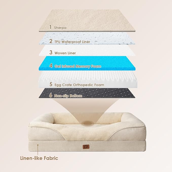 EHEYCIGA Memory Foam Dog Bed for Medium Size, Orthopedic Dog Sofa with Sides and Waterproof Liner, Washable Bolster Pet Bed Couch with Removable Cover, 30x20x6.5 Inch, Beige-PawvioPets