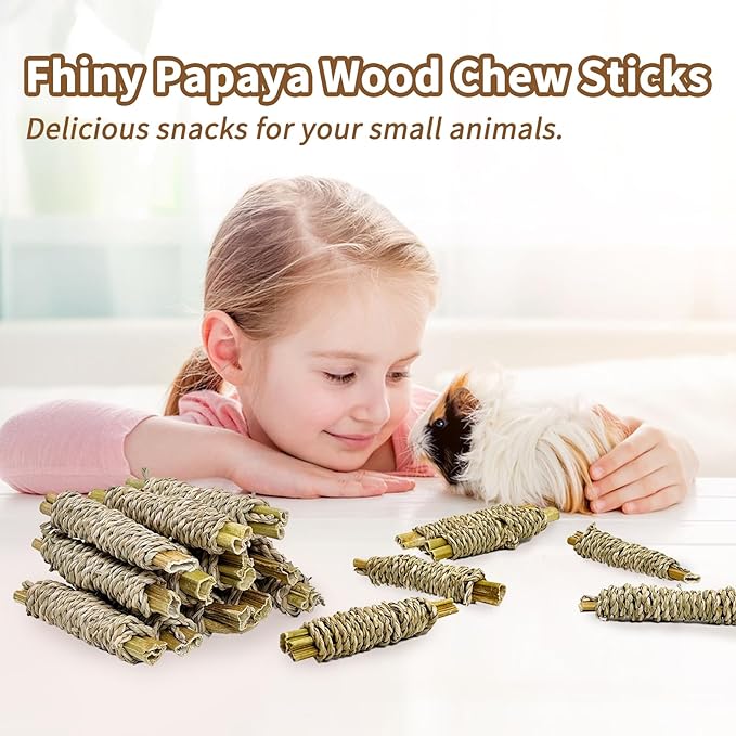 Fhiny 12 PCS Rabbit Chew Sticks, Natural Papaya Wood Seagrass Guinea Pig Chew Toys for Teeth Small Animal Molar Sticks Snacks for Bunny Guinea Pig Chinchilla Ferret Hamster Gerbil Dental Care-PawvioPets