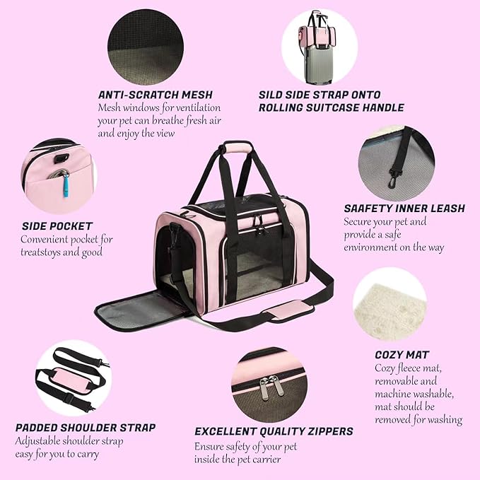 Cat Carrier Dog Carrier Pet Carrier Cat Bags for Small Medium Cats Dogs Puppies of 15 Lbs,of Airline Approved Small Dog Bag Soft Sided,Collapsible Travel Puppy Carrier (Large, Pink)-PawvioPets