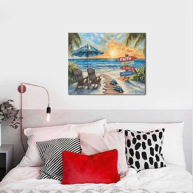 Beach Ocean Bathroom Pictures Wall Art, Seaside Coastal Bathroom Wall Decor, Sunrise Framed Painting Canvas Artwork for Bedroom Living Room Decorations 20"L x 16"W-PawvioPets