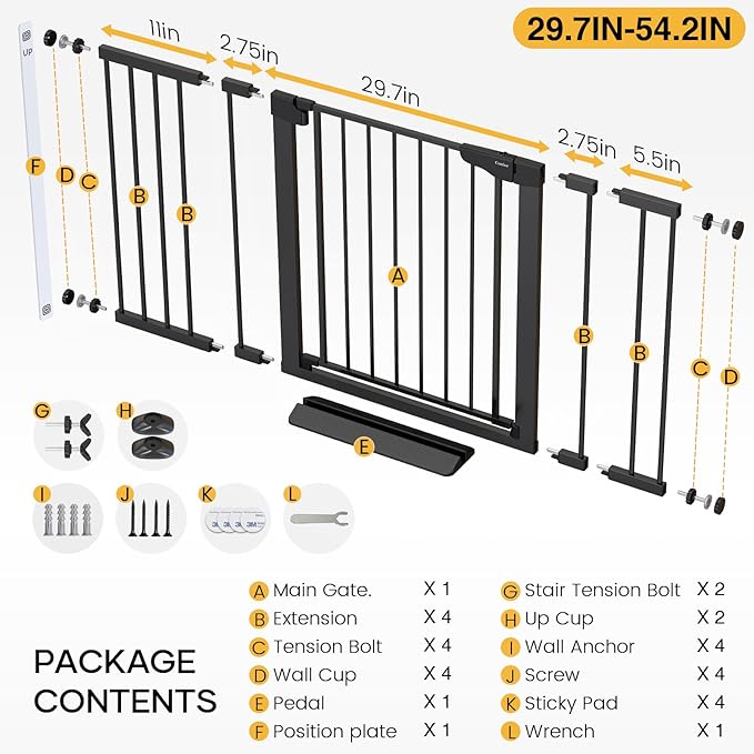 Cumbor 2 Pack 29.7-54.2" Baby Gate for Stairs, Mom's Choice Awards Winner-Auto Close Dog Gate for doorways, Easy Install Pressure Mounted Pet Gate Indoor, Walk Thru Wide Safety Gate for Dog, Black-PawvioPets