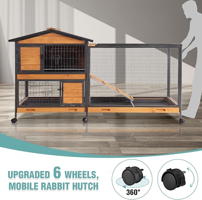 2-Story Rabbit Cage with Chew-Proof Metal Frame for Indoor/Outdoor - 62" Bunny Hutch Guinea Pig Cages with 6 Locking Wheels & 2 Removable Trays for Rabbits/Guinea Pigs-PawvioPets
