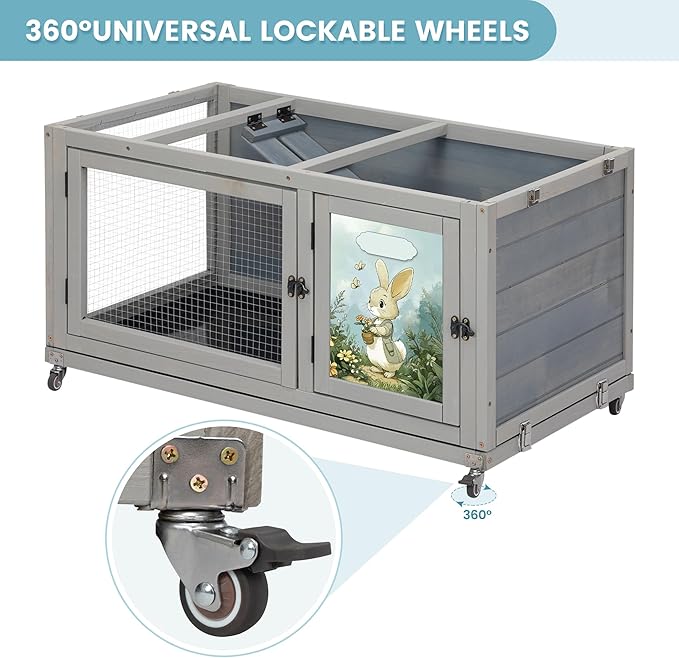 2-Story Wooden Rabbit Hutch for Outdoor & Indoor, Bunny Cage Rabbit House with Wheels, Trays, Ramp, Pet Home for Guinea Pigs, Chickens, Chicken Coop, Gray with Colorful Patterns-PawvioPets