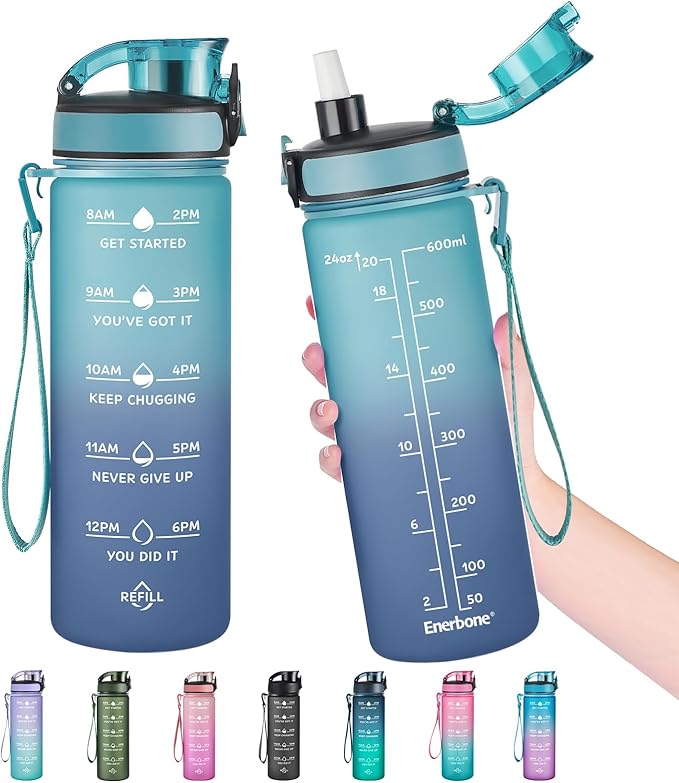 Enerbone Water Bottle, Leakproof BPA & Toxic Free, Motivational Water Bottle with Times to Drink and Straw, Fitness Sports Water Bottle with Strap for Office, Gym, Outdoor Sports-PawvioPets