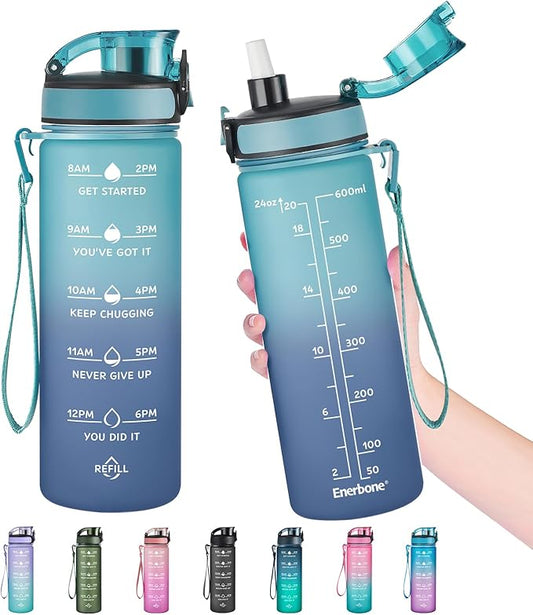 Enerbone Water Bottle, Leakproof BPA & Toxic Free, Motivational Water Bottle with Times to Drink and Straw, Fitness Sports Water Bottle with Strap for Office, Gym, Outdoor Sports-PawvioPets