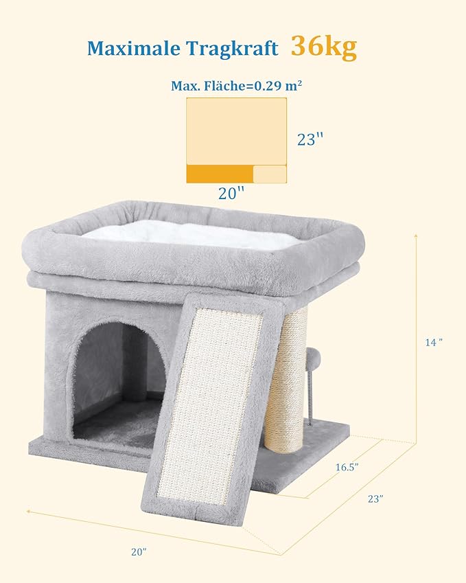 14in Cat Tree Tower with 20 * 16.5in Perch Bed and Washable Top for Large Adult Cats, Condo and Scratching Post for Indoor Kitten Pet, Light Gray-PawvioPets