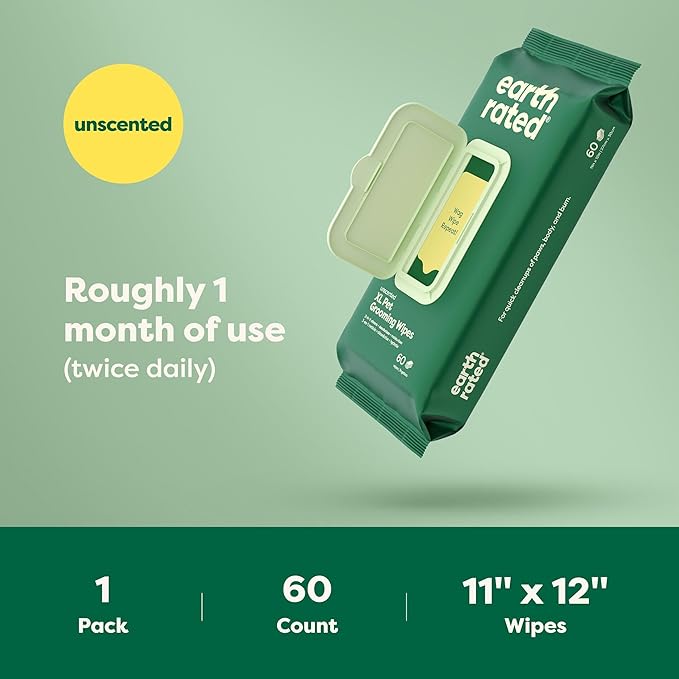 Earth Rated XL Pet Wipes for Dogs & Cats, 3-in-1 Hypoallergenic Cleaning, Deodorizing and Hydrating Extra Large Grooming for Body, Paws and Butt, Unscented, 60 Count-PawvioPets