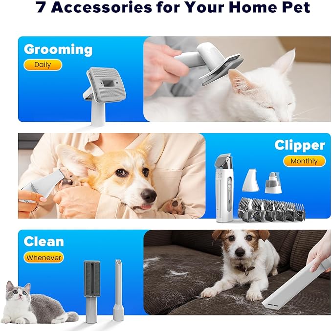 Dog Grooming Kit & Dog Hair Vacuum,15000 Pa Powerful Suction, Pet Grooming Vacuum Removes 99% Pet Hair, Includes Clippers, Brush, Nail Trimmer Grinder, Stainless Steel-PawvioPets