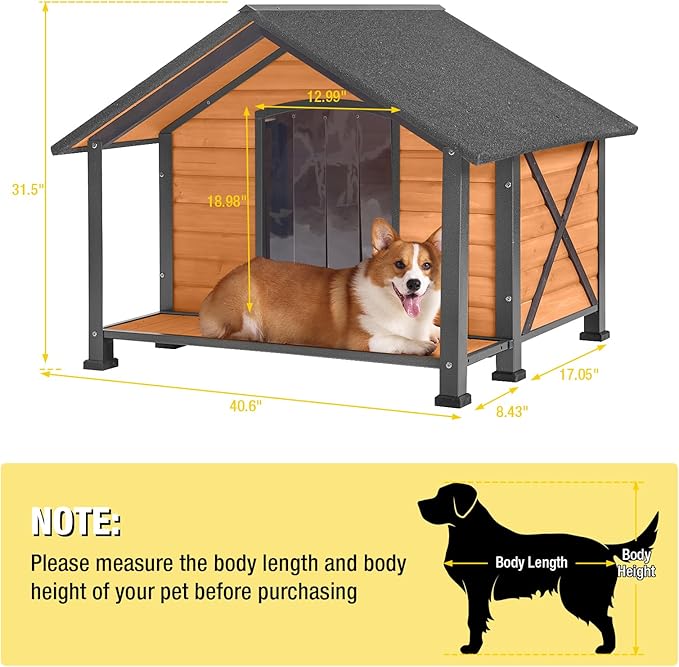 Aivituvin Dog House with Anti-Chewing Metal Frame Outdoor Large Wooden Dog Kennel Outside with Overhang Roof Large Porch Weatherproof-PawvioPets