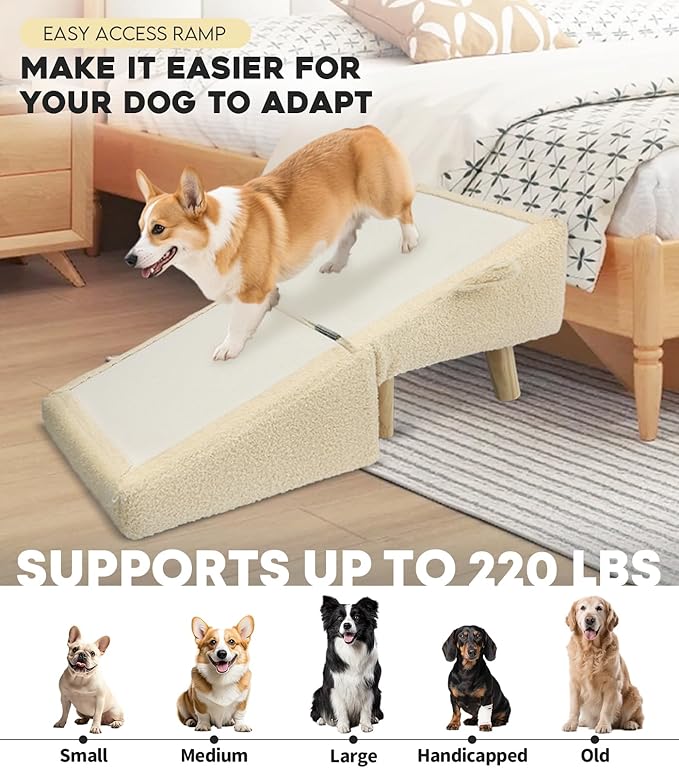 Dog Stairs for Small Dogs and Cats – 2-in-1 Dog Ramp for Bed and Couch, 16.5'' Foldable Wooden Pet Steps, Sturdy Multi-Use Split Ottoman Design, Beige-PawvioPets