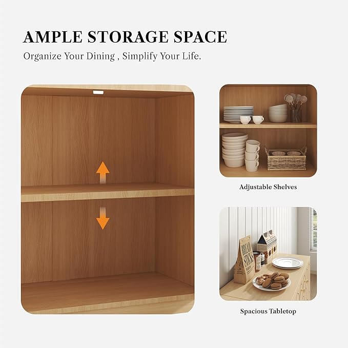 Farmhouse Storage Cabinet, Modern Buffet Sideboard with Doors, Fish Scale Pattern, Boho Cabinet for Dining Room, Natural, 2 Pieces-PawvioPets