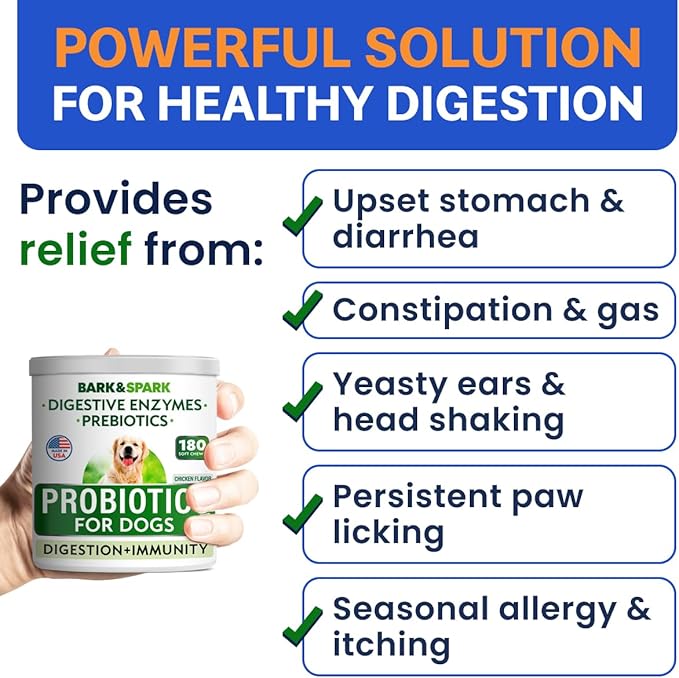 Bark&Spark Dog Probiotics & Digestive Enzymes (Gut Health) Allergy & Itchy Skin - Pet Diarrhea Gas Treatment Upset Stomach Relief, Digestion Health Prebiotic Supplement Tummy Treat (180Ct Chicken)-PawvioPets