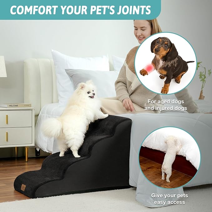 Dog Stairs for Small Dogs 19.7" H, Curved Dog Step for Puppy, Older or Cat, Medium Pet Ramp for Sofa, Couch or Bed, Ladder with High Density Foam, 15.7x28.3x19.7 inch, 4 Step, Black-PawvioPets