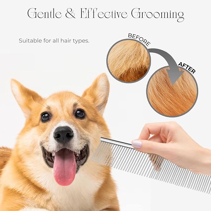 Flexzion Grooming Comb for Dogs – Stainless Steel Professional Cat Comb and Animal Tool for Removing Tangles and Knots on Medium Pets with Smooth Needle Teeth – 45mm, 1 Large-PawvioPets