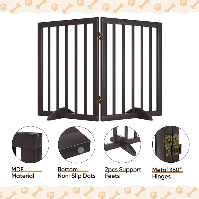 Freestanding Foldable Dog Gate 2 Panel,Fully Assembled Dog Gates for Doorways, Wooden Pet Gates for The House, 24-inch Tall Pet Gate Indoor-PawvioPets