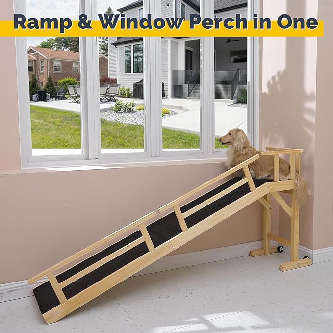 Dog Ramp for Bed or Couch, Wooden Pet Ramp with 20° Gentle Slope, Removable Side Rails, Non-Slip Surface, Top Platform & Wheels, Safe Bed Ramp for Small, Medium & Senior Dogs, 74" Long, Natural-PawvioPets