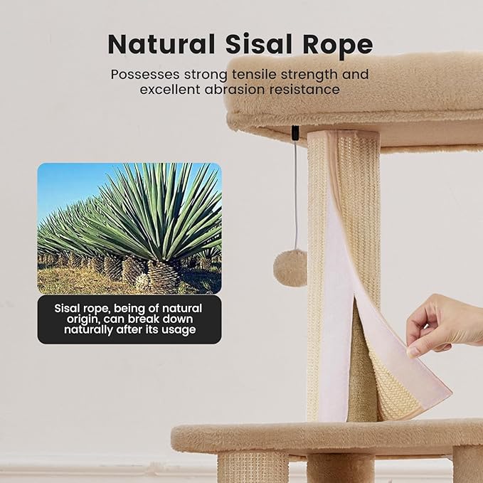 Gardner Pet 65in Heavy Duty Cat Tree Tower for Large Cats, Multi-Level Cat Furniture with Replaceable Sisal Scratching Post, Hammock | Extra-Large Platform & Condo (Upgraded Beige)-PawvioPets