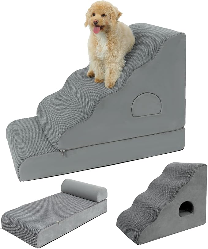 Dog Stairs for Small Dogs 24.6" H, 5-Step Dog Steps for High Bed, High-Density Foam Curved Pet Stairs with Non-Slip Removable Washable Cover to Get on Bed-PawvioPets