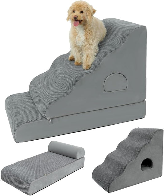Dog Stairs for Small Dogs 24.6" H, 5-Step Dog Steps for High Bed, High-Density Foam Curved Pet Stairs with Non-Slip Removable Washable Cover to Get on Bed-PawvioPets