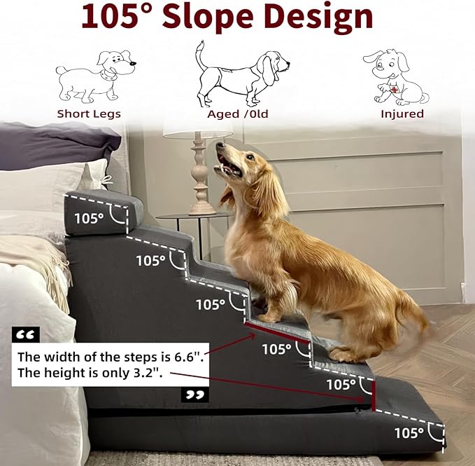 Dog Stair ramp for 30 inch high beds. 6-Step Dog Stair Ramp for 20 to 36 Inch Sofa Beds. Pet Steps for Small, Medium and Large Dogs. Non-Slip, Balanced and Portable. Multifunctional 6 Steps, Gray.-PawvioPets