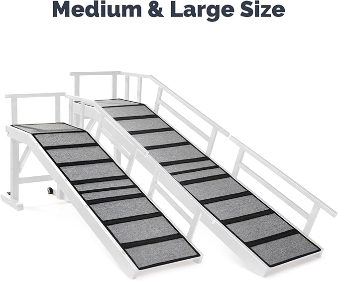 Dog Ramp for Bed or Couch, Wooden Pet Ramp with 20° Gentle Slope, Removable Side Rails, Non-Slip Surface, Top Platform & Wheels, Safe Bed Ramp for Small, Medium & Senior Dogs, 74" Long, White-PawvioPets