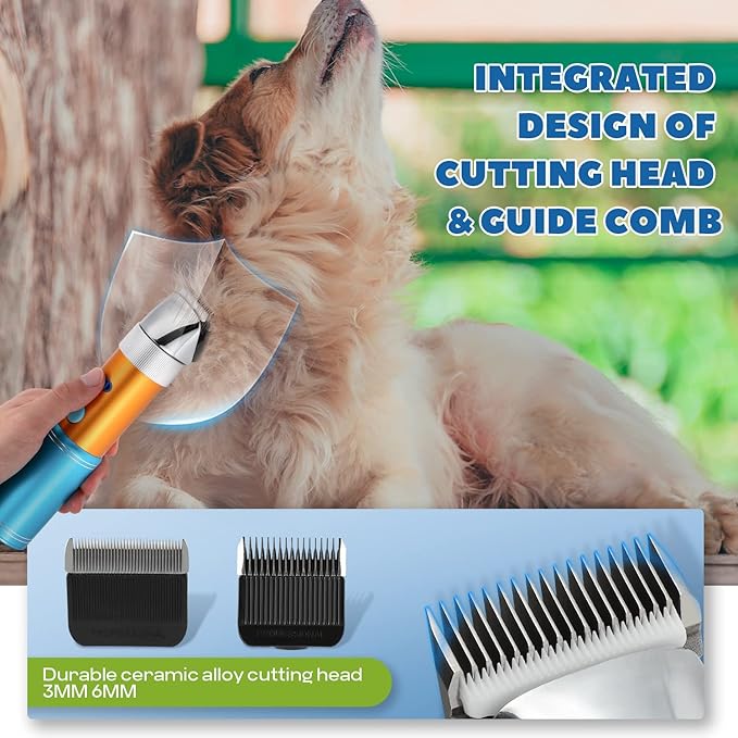 Dog Clippers for Grooming Cordless 400W with Rechargeable 5h-Standby Battery, Low Noise < 50db, Heavy-Duty Pet Hair Shaver Kit, with 2 Sharp & Detachable Blades of 3MM&6MM, Blue-PawvioPets
