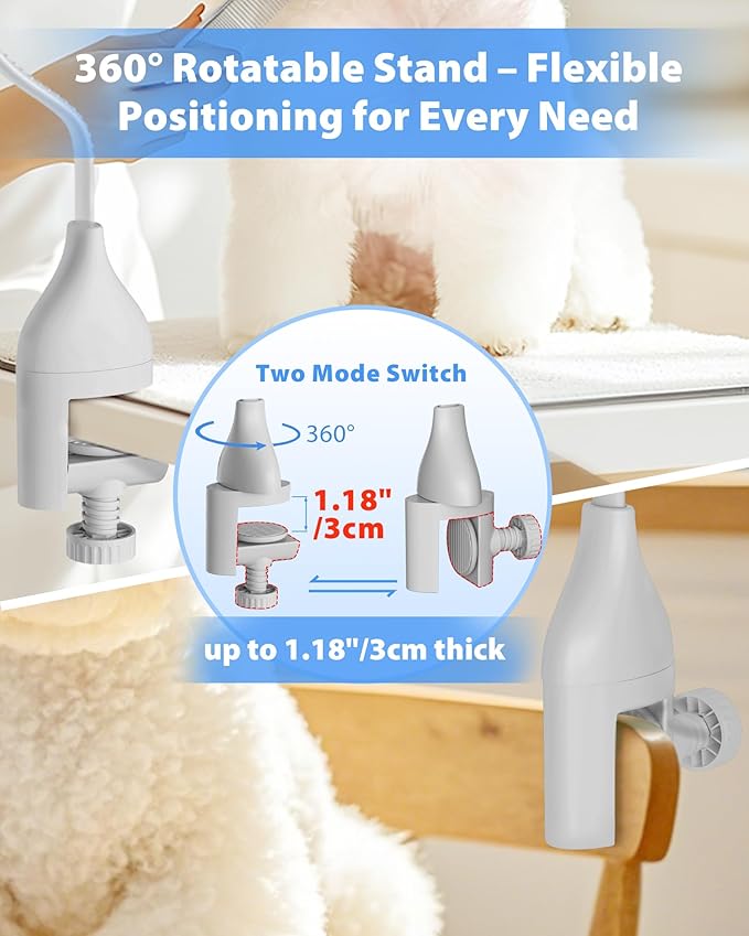 2-in-1 Hands-Free Dog Hair Dryer with Table Clamp – Low Noise Pet Grooming Dryer for Dogs & Cats, Adjustable Heat & Speed, Wearable or Desktop Use(Gray)-PawvioPets