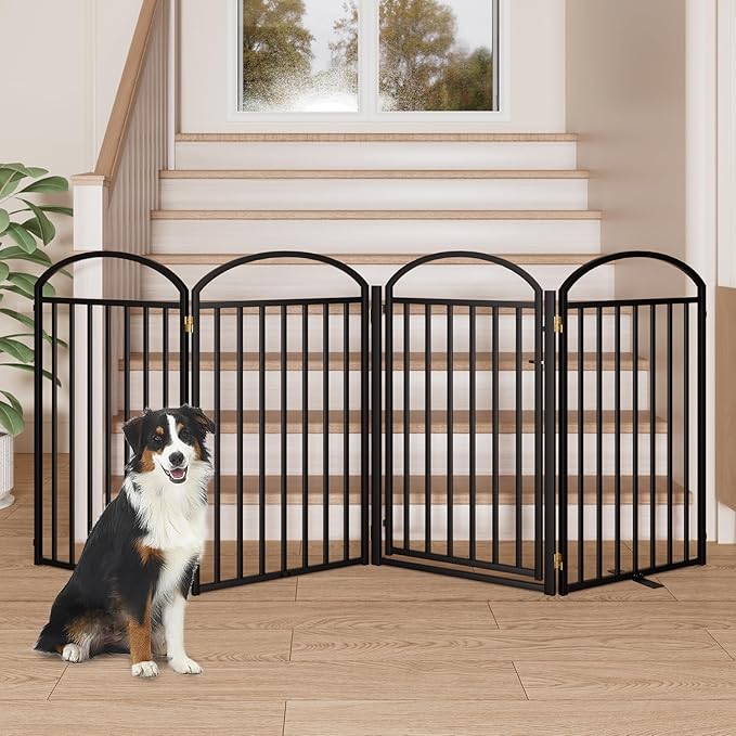 4 Panles Full Matel Freestanding Dog Gates with Door, 96"Extra Wide 36"Tall Free Standing Dog Pet Gate for Indoor & Outdoor. Foldable Pet Fences for Doorways, House, Stairs, Porch, Deck, Yard-PawvioPets